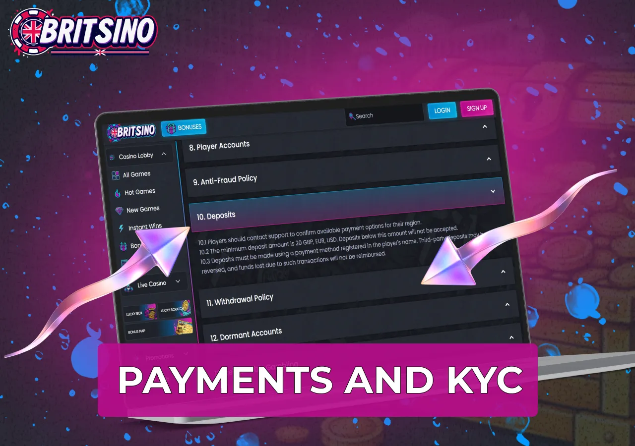 Payment methods and KYC verification support secure gaming account transactions.